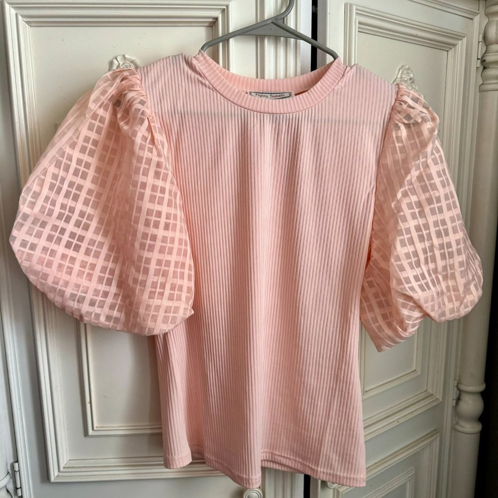 Flying Tomato pink short sleeve sweater w/statement sleeves, women's size medium - Picture 3 of 9